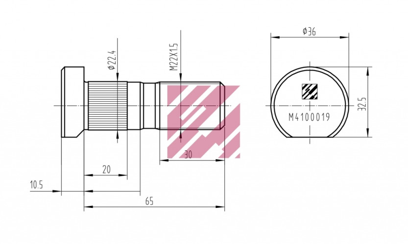 Болт крепления колеса MAN L=65;22x1.5 M4100019 / MARSHALL